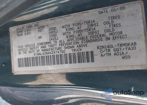 1999 Toyota Tacoma из США, поврежденный, VIN 4TANL42N4XZ474760